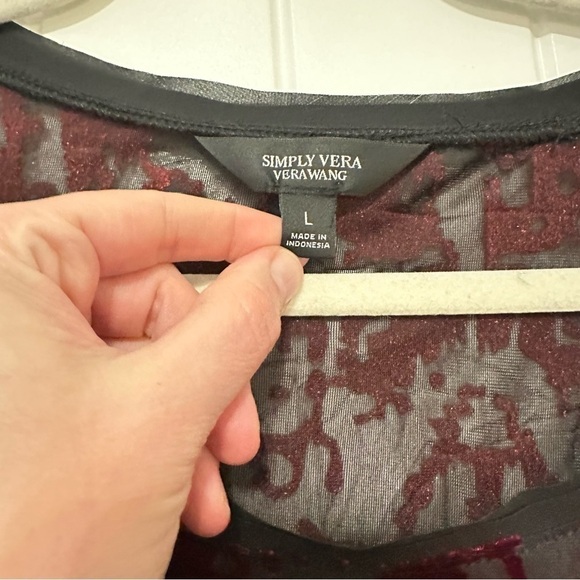 Vera Wang lingerie style black long sleeve semi-sheer blouse red velvet details - Picture 4 of 11